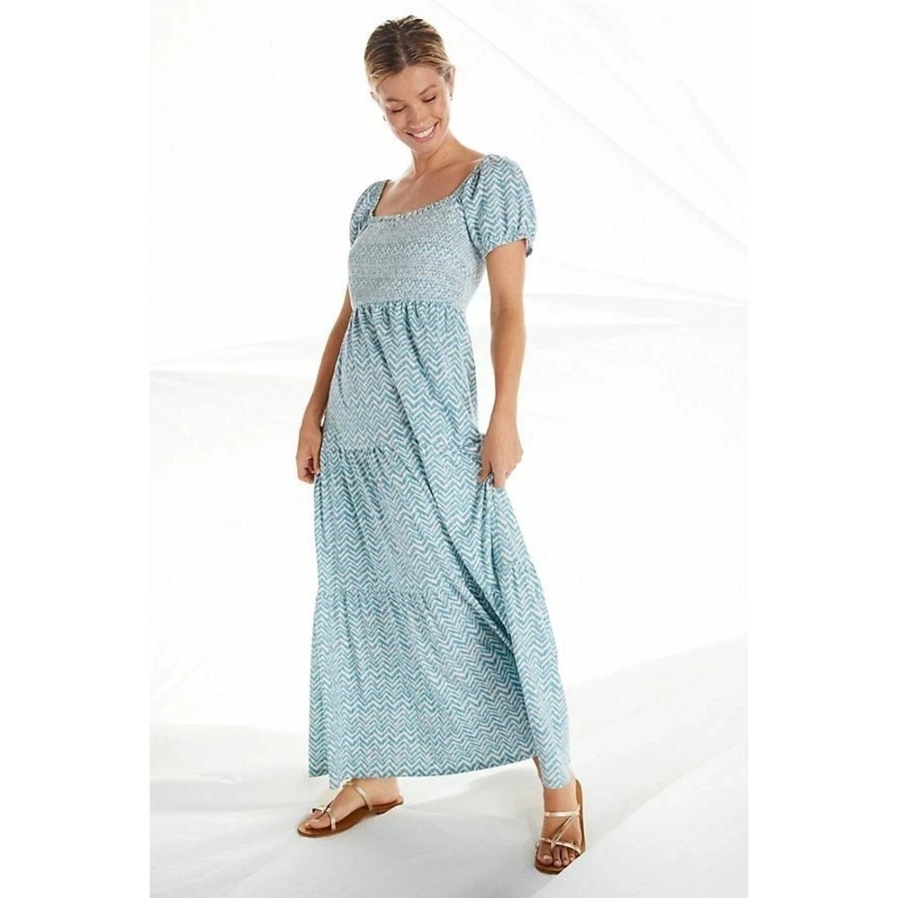 Anthropologie Daily Practice Tiered Maxi Dress Women XS Blue Chevron Smocked NWT